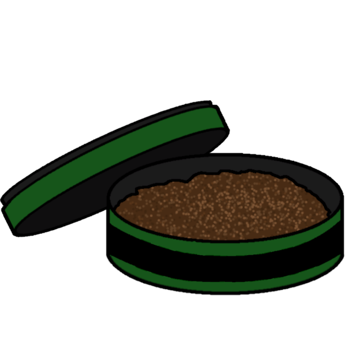 A dark green and black semi flat circular container filled with a coarse brown material representing tobacco snuff. The flat lid to the container is leaned against the left edge